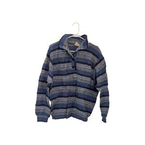 Vintage Vaka Men's Sweater 100% Wool iecland Size M Blue Stripe Henley Long Sl
